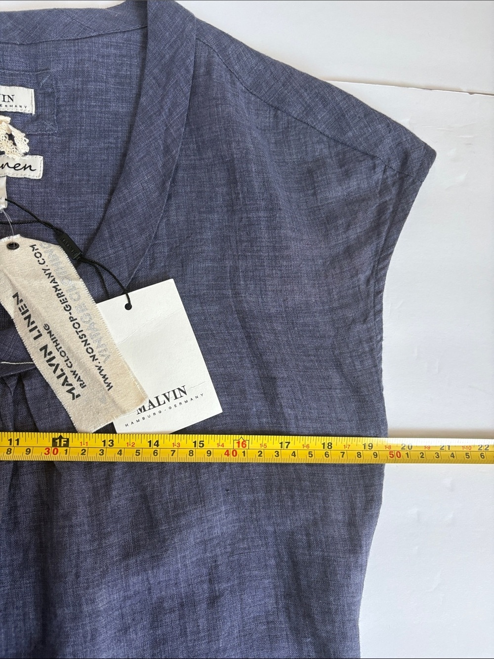 Malvin 100% linen blue chambray scoop neck shirt dress cap sleeves pleated neck - Picture 14 of 16